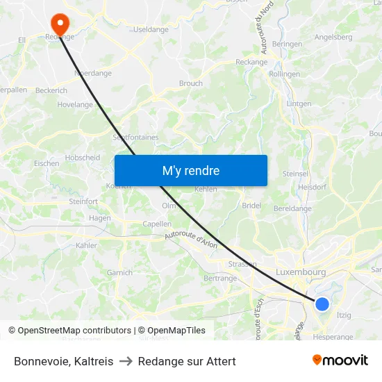 Bonnevoie, Kaltreis to Redange sur Attert map