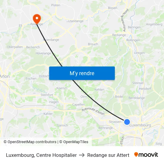 Luxembourg, Centre Hospitalier to Redange sur Attert map