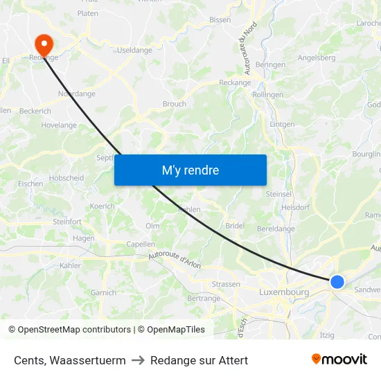 Cents, Waassertuerm to Redange sur Attert map