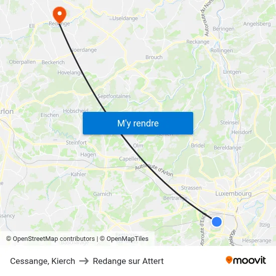 Cessange, Kierch to Redange sur Attert map