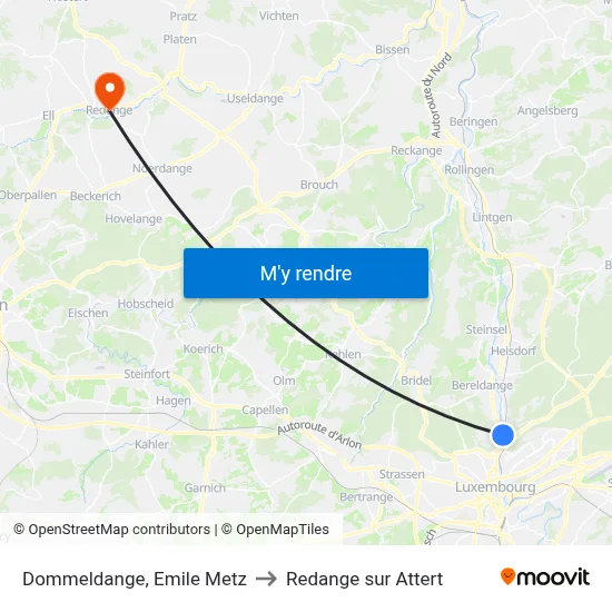 Dommeldange, Emile Metz to Redange sur Attert map