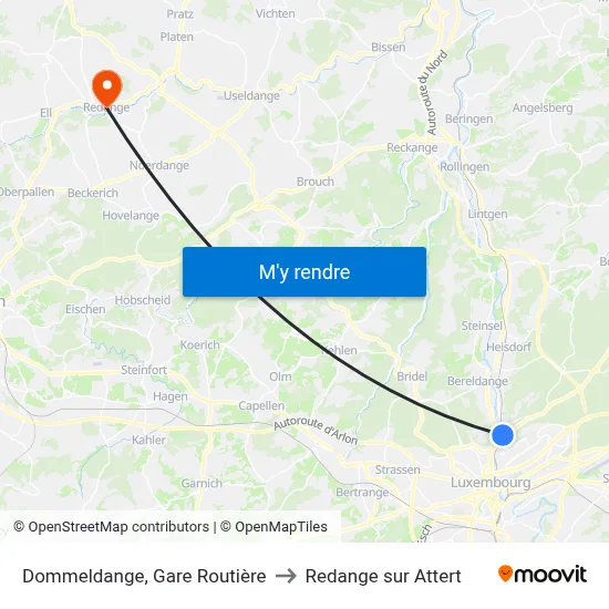Dommeldange, Gare Routière to Redange sur Attert map