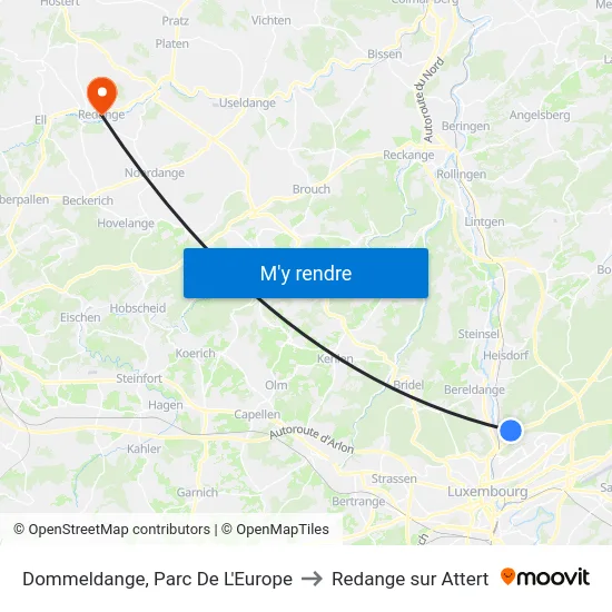 Dommeldange, Parc De L'Europe to Redange sur Attert map