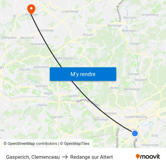 Gasperich, Clemenceau to Redange sur Attert map