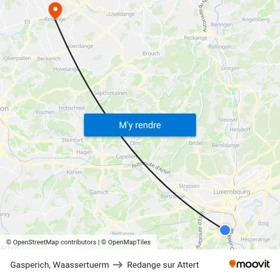 Gasperich, Waassertuerm to Redange sur Attert map