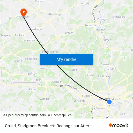 Grund, Stadgronn-Bréck to Redange sur Attert map