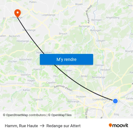 Hamm, Rue Haute to Redange sur Attert map
