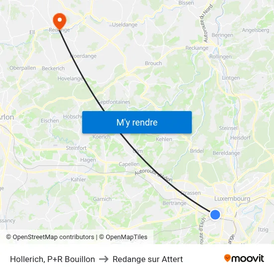 Hollerich, P+R Bouillon to Redange sur Attert map