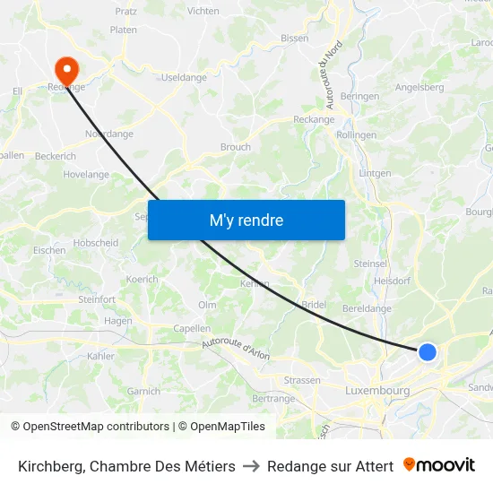 Kirchberg, Chambre Des Métiers to Redange sur Attert map