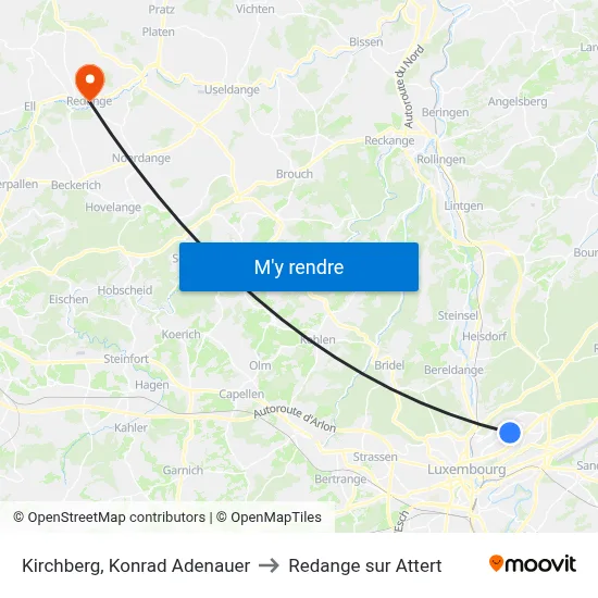 Kirchberg, Konrad Adenauer to Redange sur Attert map