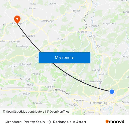 Kirchberg, Poutty Stein to Redange sur Attert map