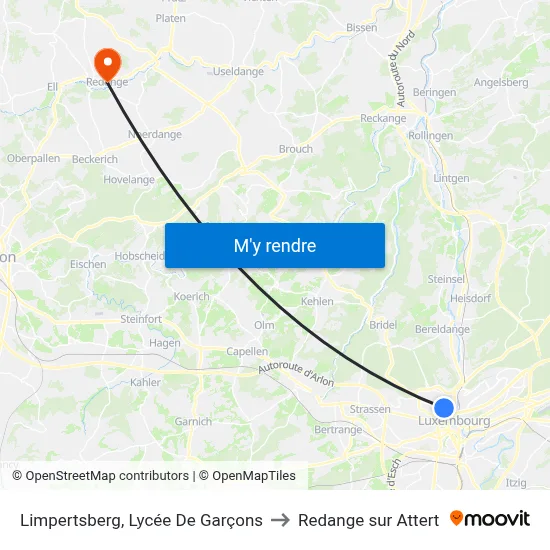 Limpertsberg, Lycée De Garçons to Redange sur Attert map
