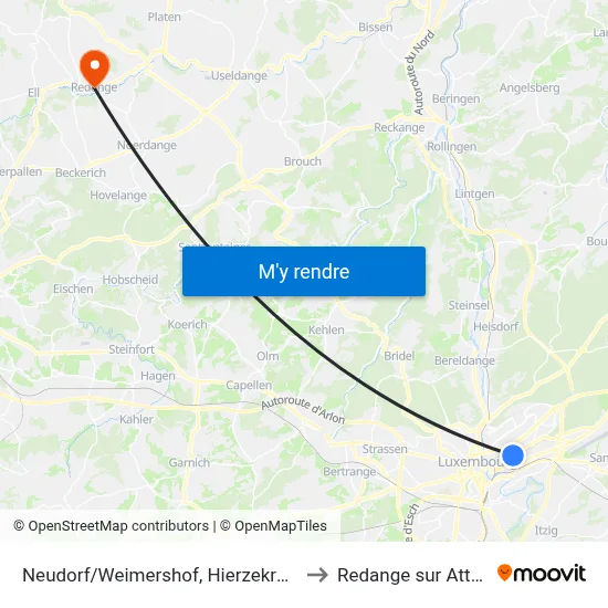 Neudorf/Weimershof, Hierzekrëpp to Redange sur Attert map