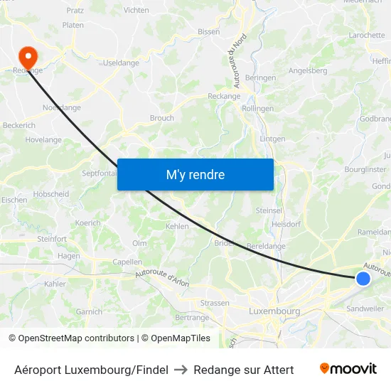Aéroport Luxembourg/Findel to Redange sur Attert map