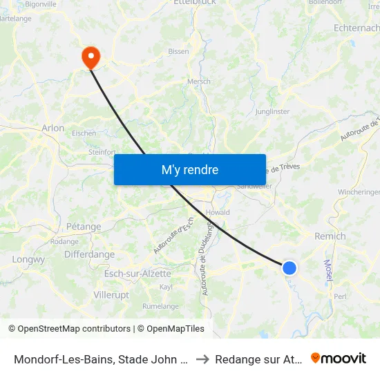 Mondorf-Les-Bains, Stade John Grün to Redange sur Attert map
