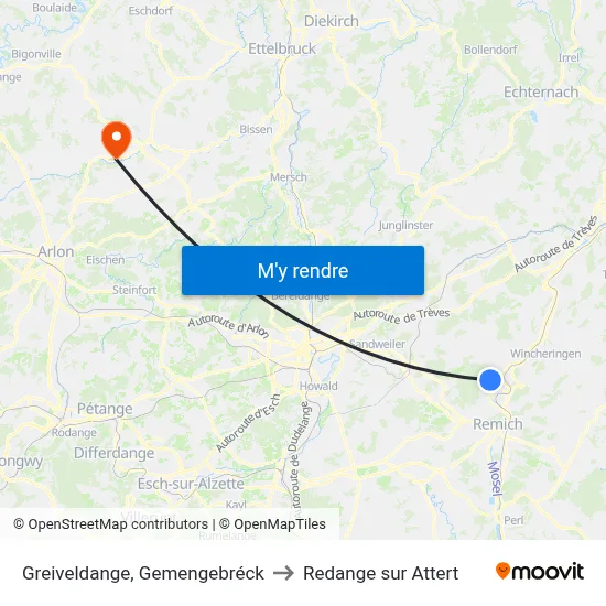 Greiveldange, Gemengebréck to Redange sur Attert map