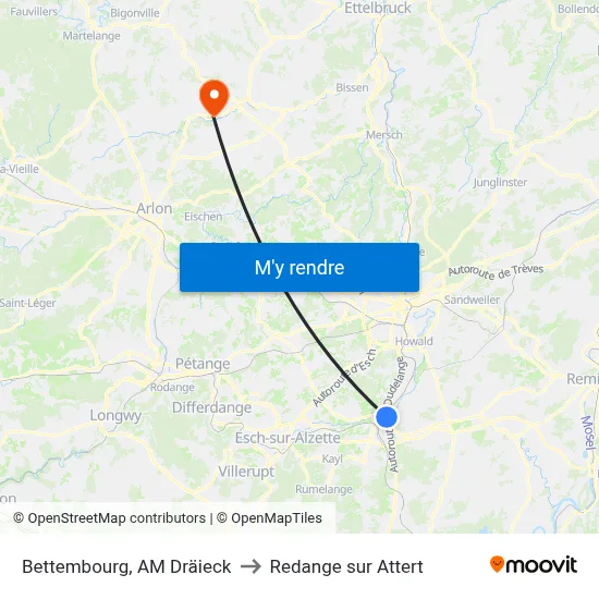 Bettembourg, AM Dräieck to Redange sur Attert map