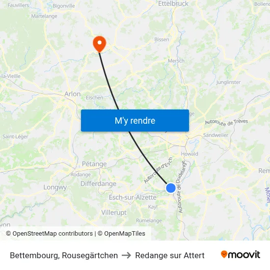 Bettembourg, Rousegärtchen to Redange sur Attert map