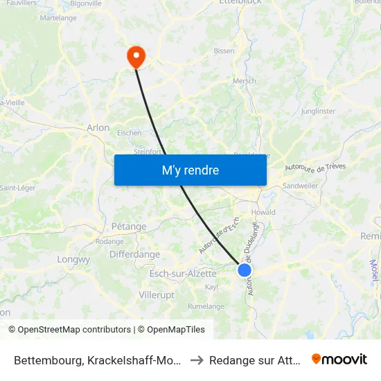 Bettembourg, Krackelshaff-Moog to Redange sur Attert map