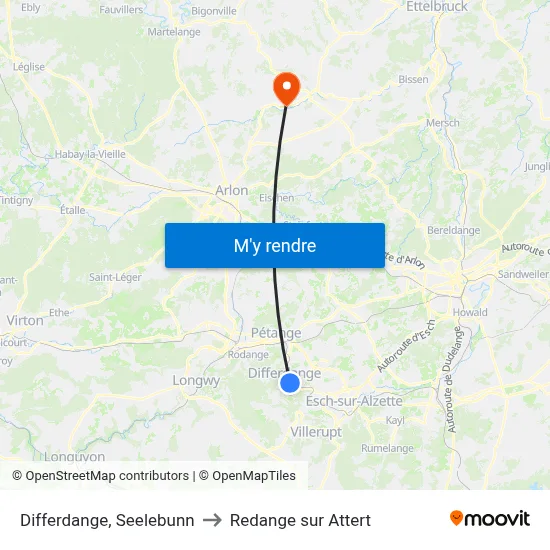 Differdange, Seelebunn to Redange sur Attert map