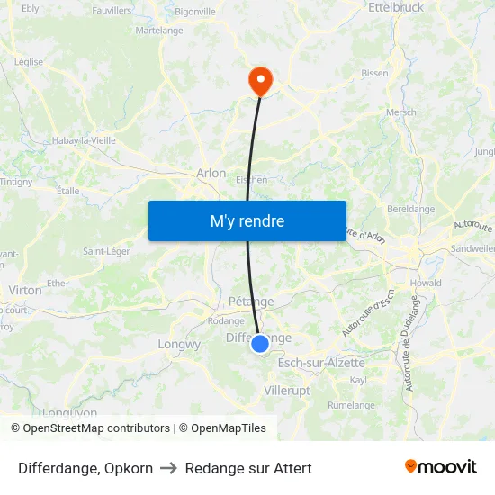 Differdange, Opkorn to Redange sur Attert map