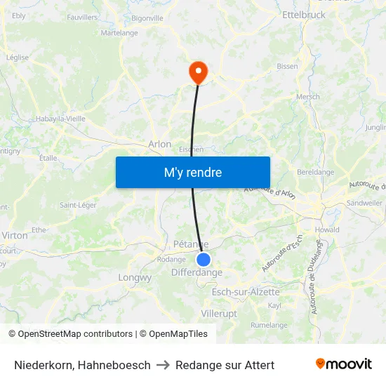 Niederkorn, Hahneboesch to Redange sur Attert map