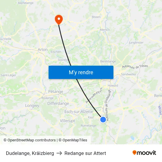 Dudelange, Kräizbierg to Redange sur Attert map