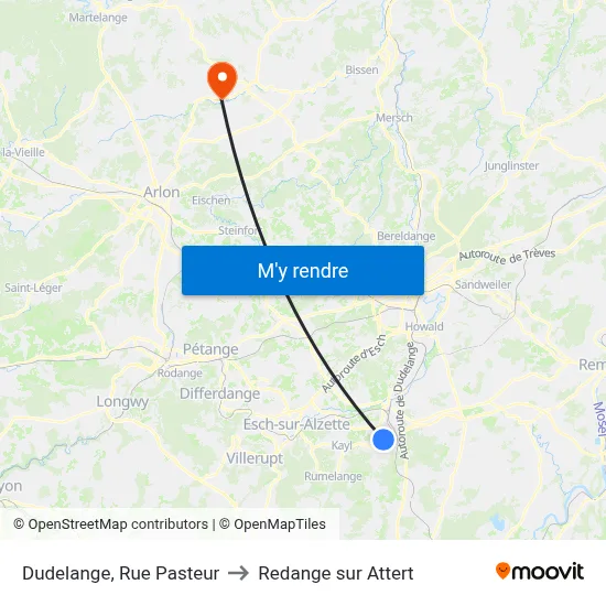 Dudelange, Rue Pasteur to Redange sur Attert map