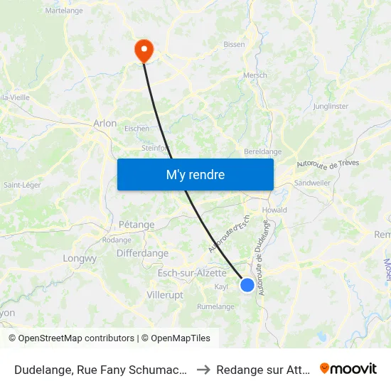 Dudelange, Rue Fany Schumacher to Redange sur Attert map