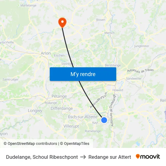 Dudelange, Schoul Ribeschpont to Redange sur Attert map