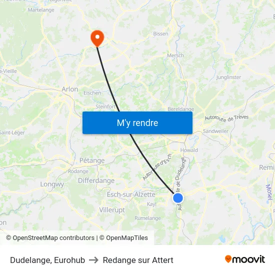 Dudelange, Eurohub to Redange sur Attert map