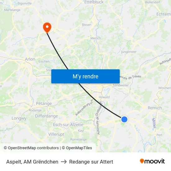 Aspelt, AM Grëndchen to Redange sur Attert map
