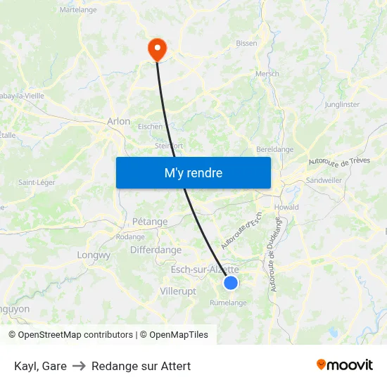 Kayl, Gare to Redange sur Attert map