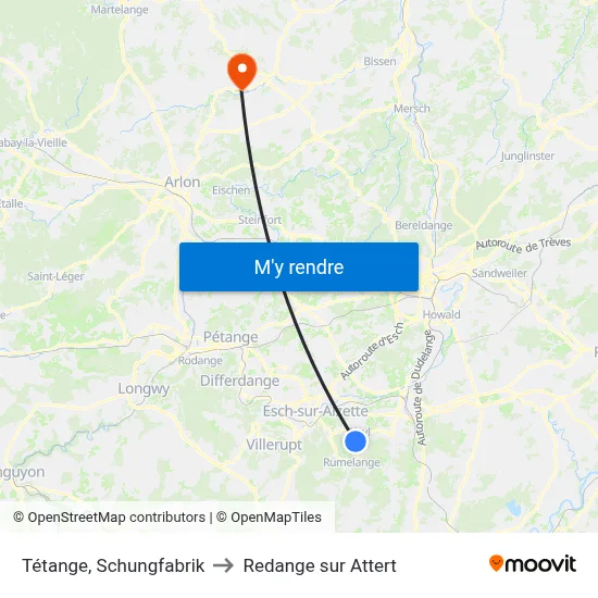 Tétange, Schungfabrik to Redange sur Attert map