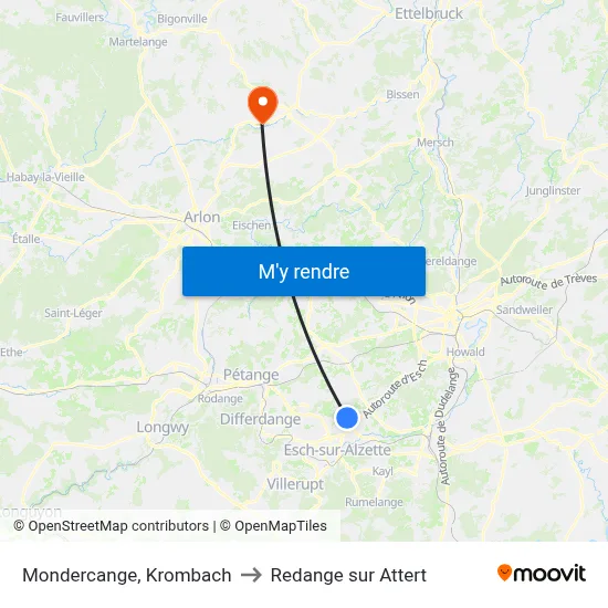 Mondercange, Krombach to Redange sur Attert map
