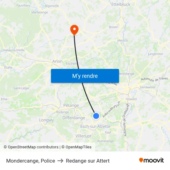 Mondercange, Police to Redange sur Attert map