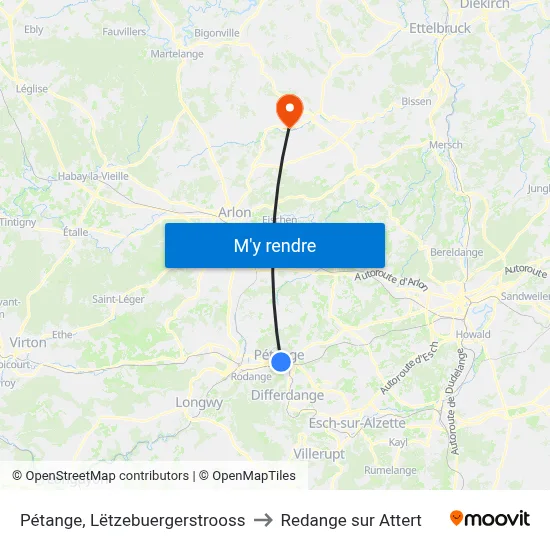 Pétange, Lëtzebuergerstrooss to Redange sur Attert map