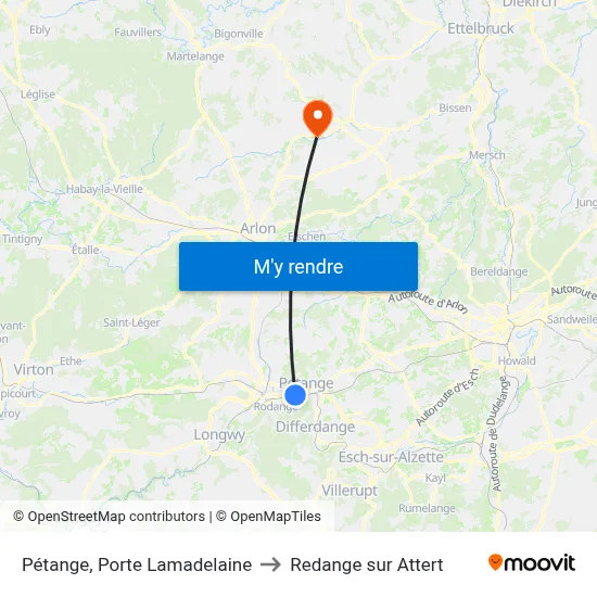 Pétange, Porte Lamadelaine to Redange sur Attert map