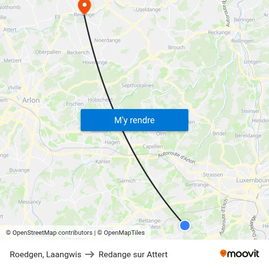 Roedgen, Laangwis to Redange sur Attert map