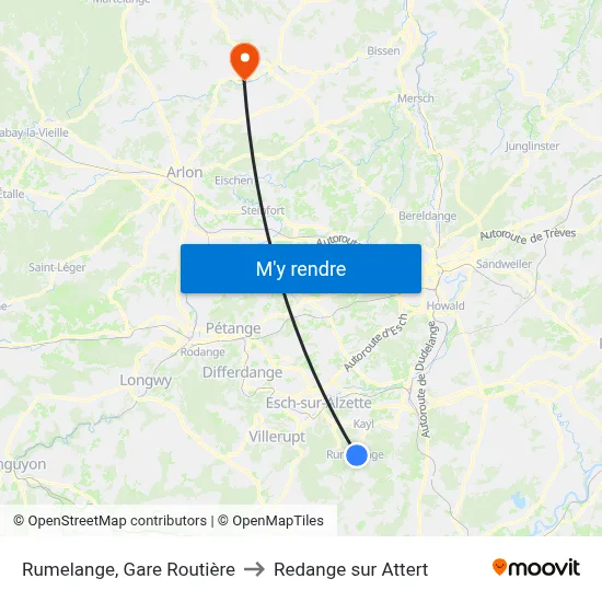 Rumelange, Gare Routière to Redange sur Attert map