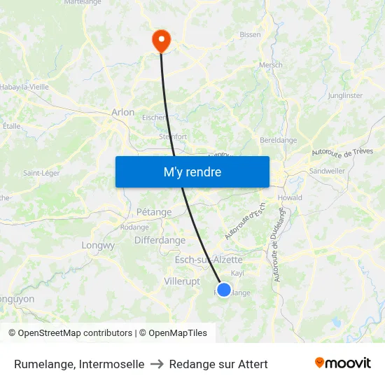 Rumelange, Intermoselle to Redange sur Attert map