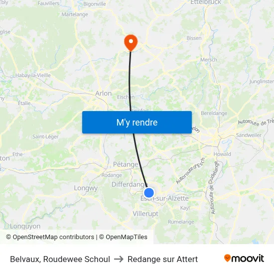 Belvaux, Roudewee Schoul to Redange sur Attert map