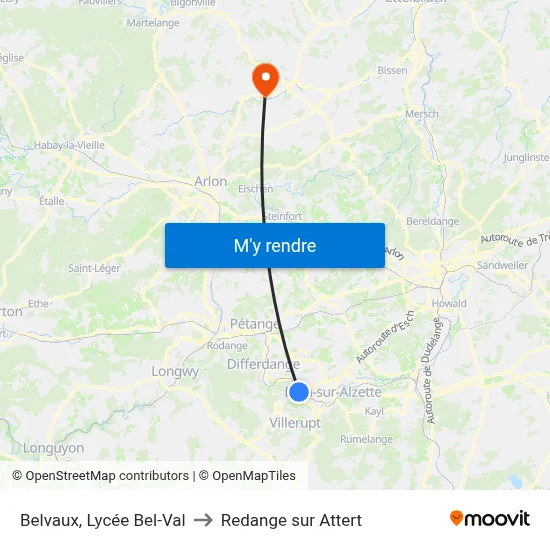 Belvaux, Lycée Bel-Val to Redange sur Attert map