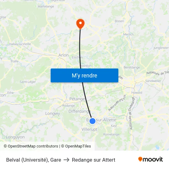 Belval (Université), Gare to Redange sur Attert map