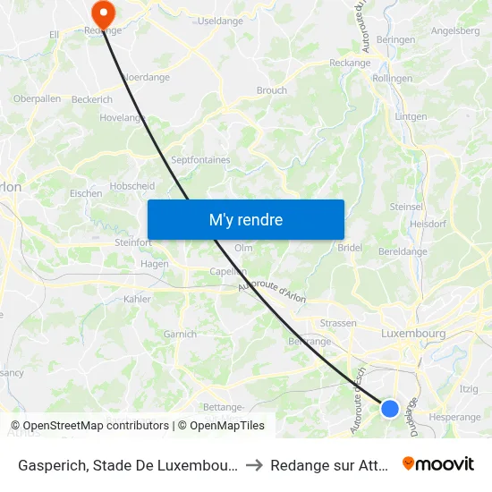Gasperich, Stade De Luxembourg to Redange sur Attert map