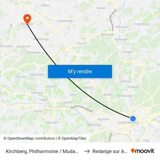 Kirchberg, Philharmonie / Mudam (Bus) to Redange sur Attert map