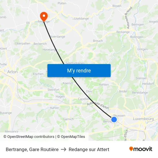 Bertrange, Gare Routière to Redange sur Attert map