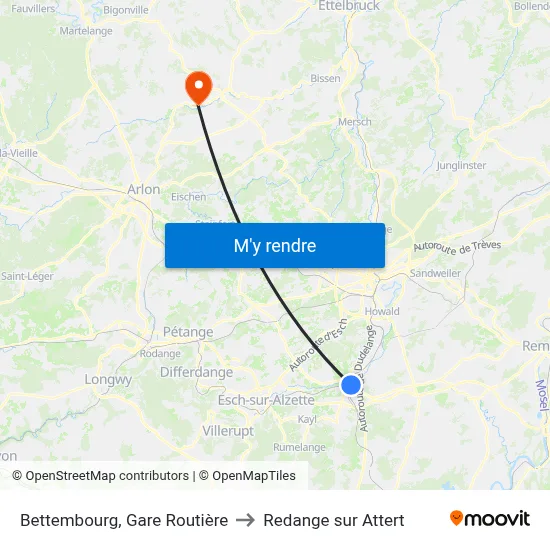 Bettembourg, Gare Routière to Redange sur Attert map