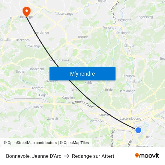 Bonnevoie, Jeanne D'Arc to Redange sur Attert map