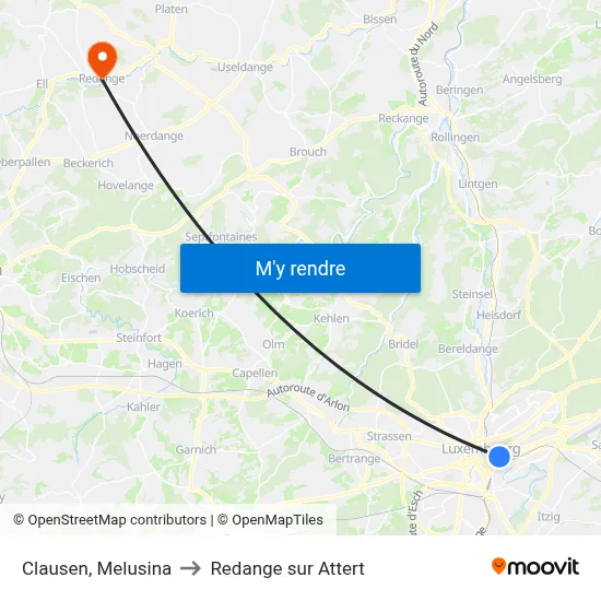 Clausen, Melusina to Redange sur Attert map